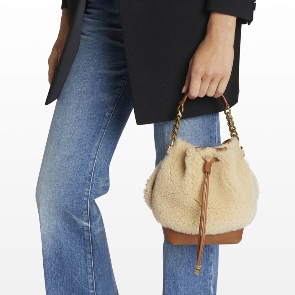 Saint Laurent Emmanuelle Small Bucket Bag Shearling Chain Strap Leather Trim